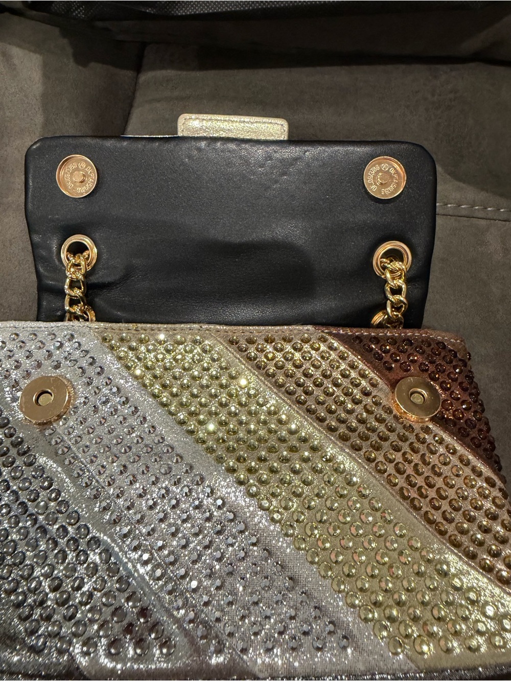 New Kurt Geiger Silver Gold Brown Crystal-Embellished Shoulder Bag - Picture 4 of 8